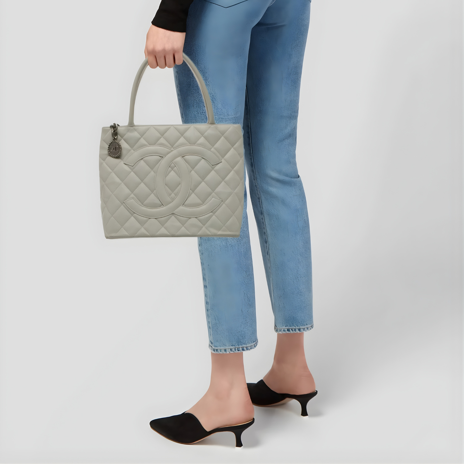 White Caviar Leather Quilted Tote