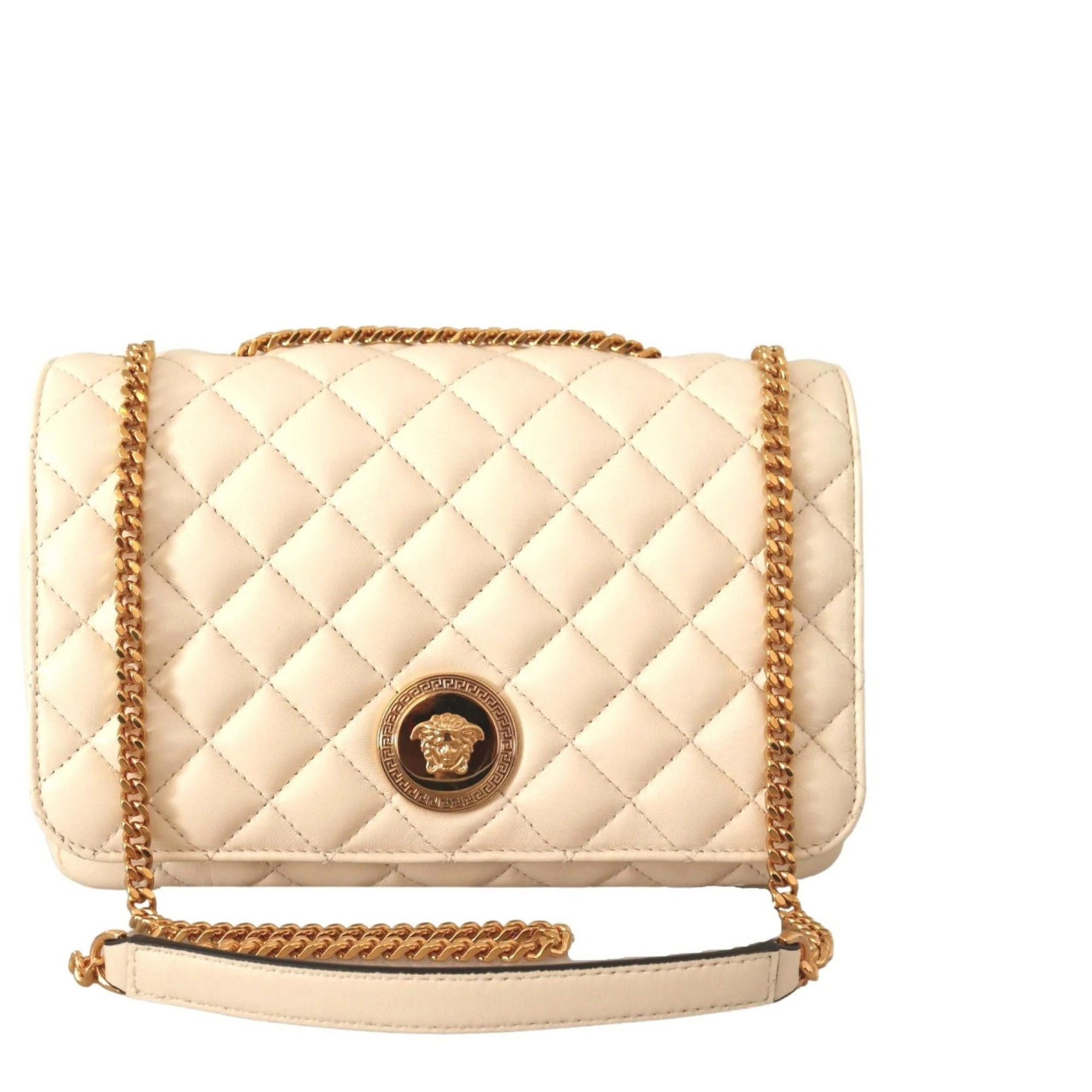 La Medusa Beige Quilted Lamb Leather Large Shoulder Bag