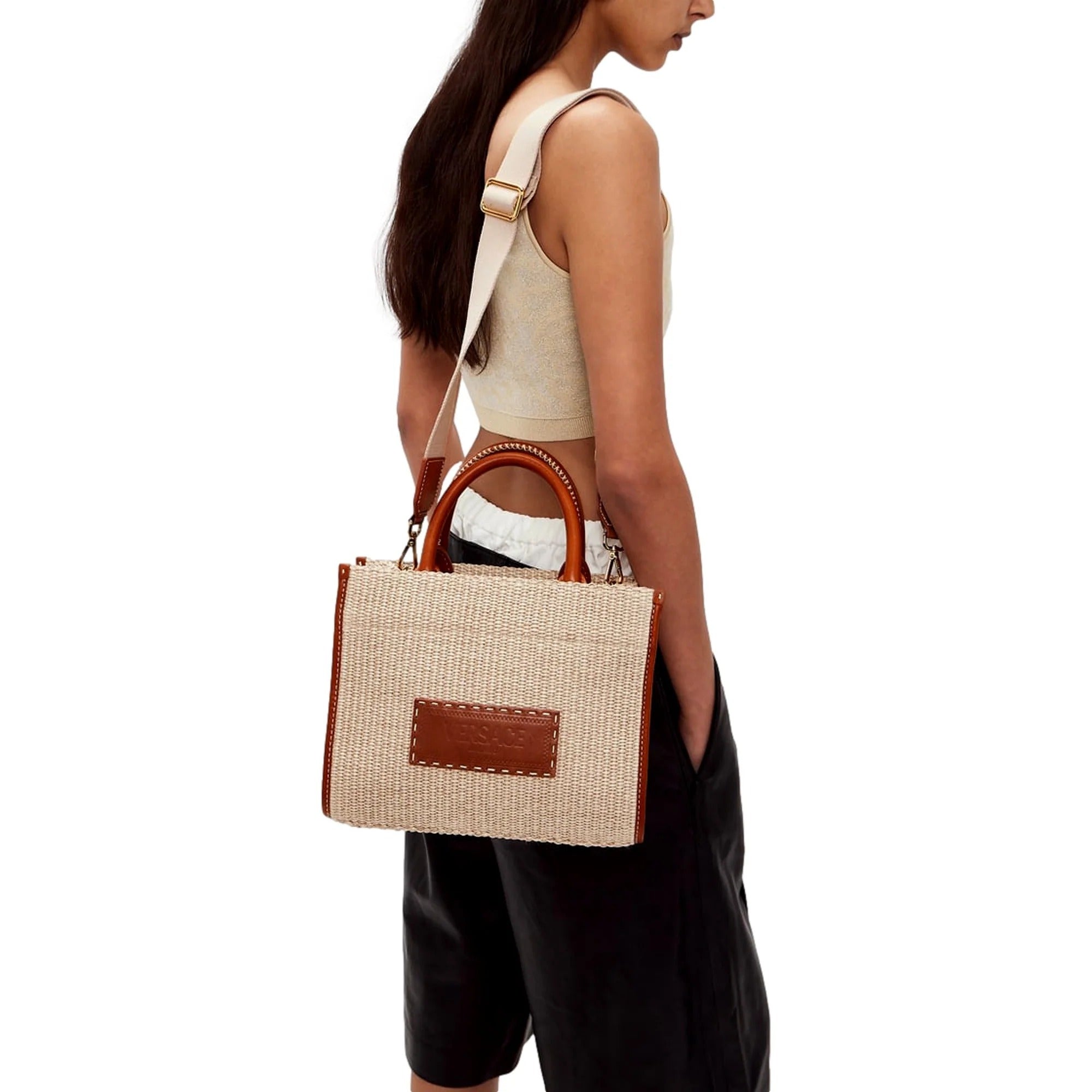 Athena Raffia Leather Trim Small Shopper Tote