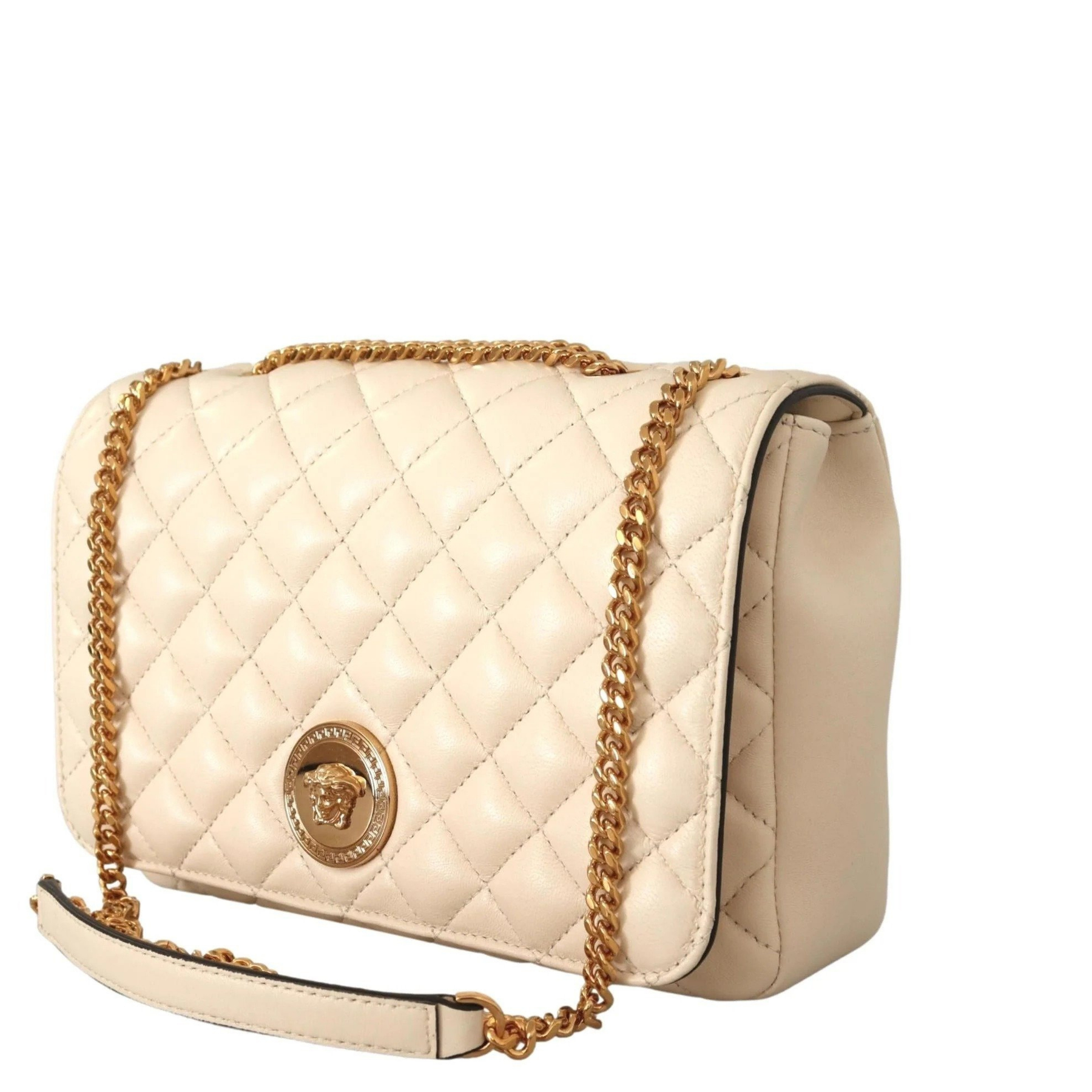 La Medusa Beige Quilted Lamb Leather Large Shoulder Bag